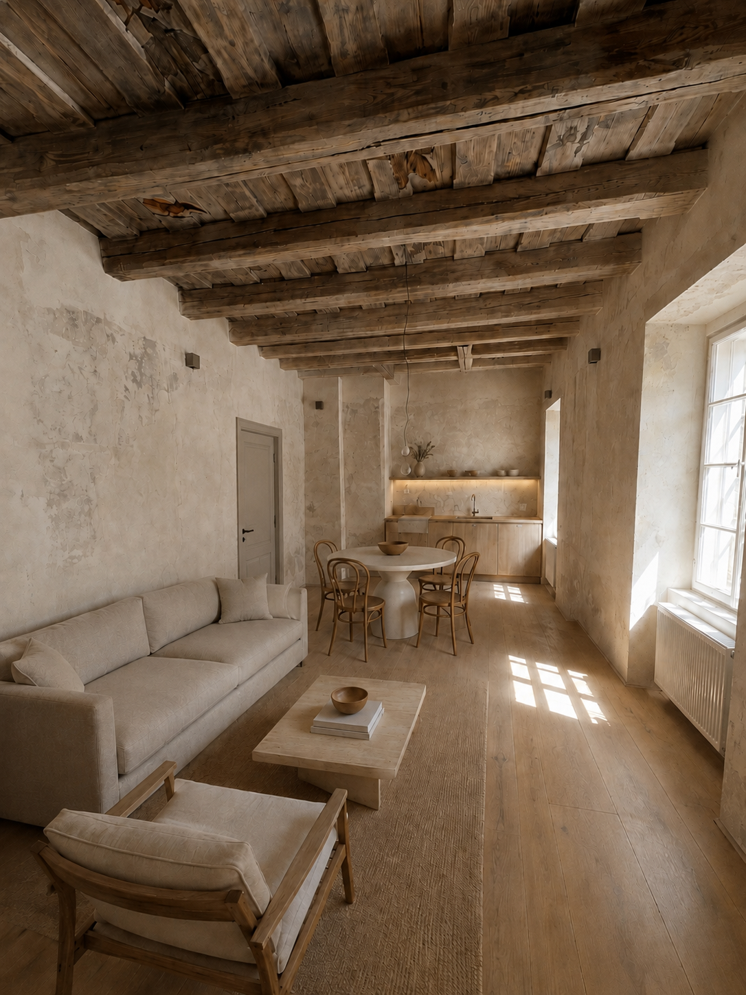 Interior visualization of Josselin's living room beneath timber beams