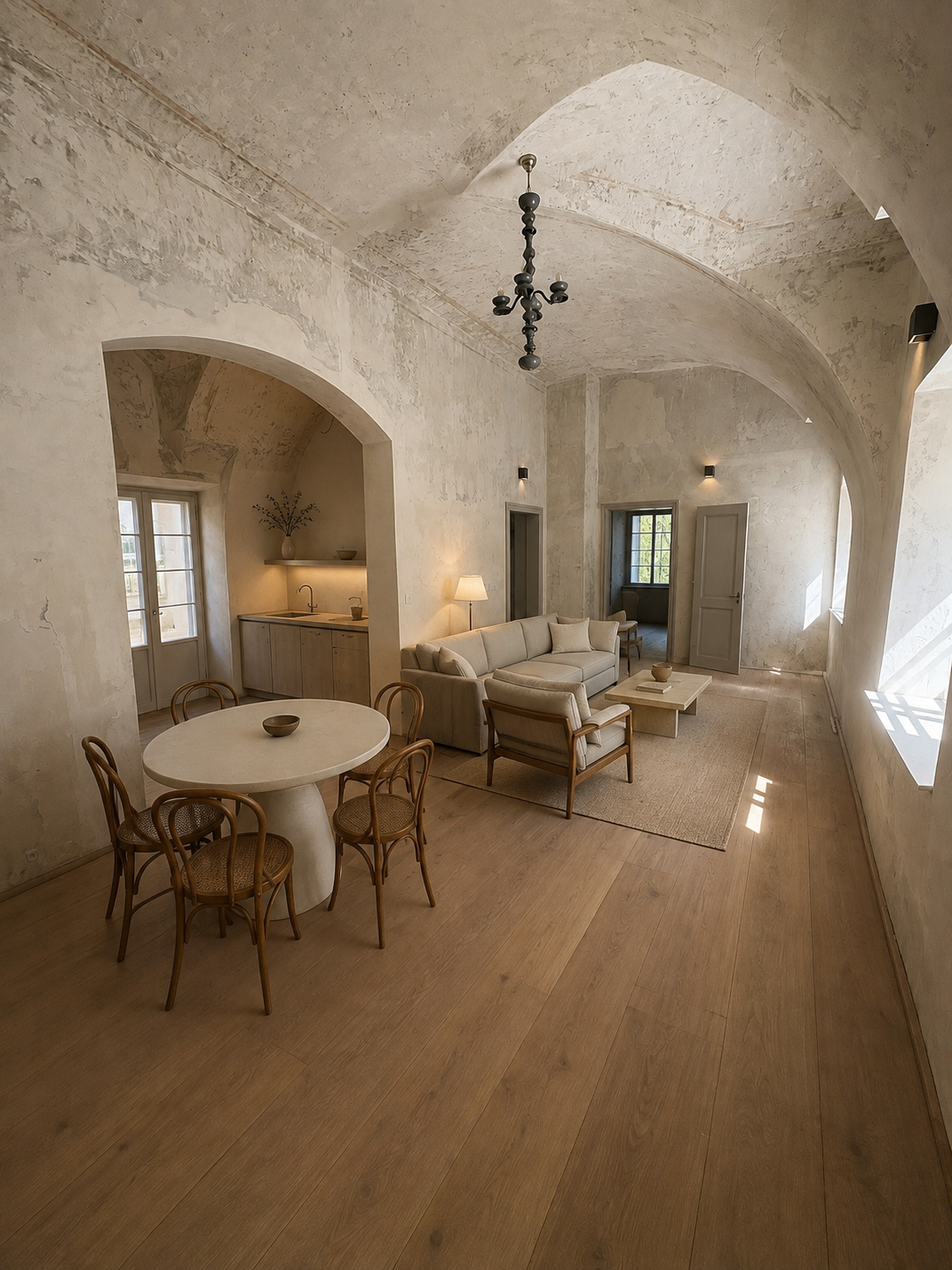 Interior visualization of Baur's vaulted living and dining room