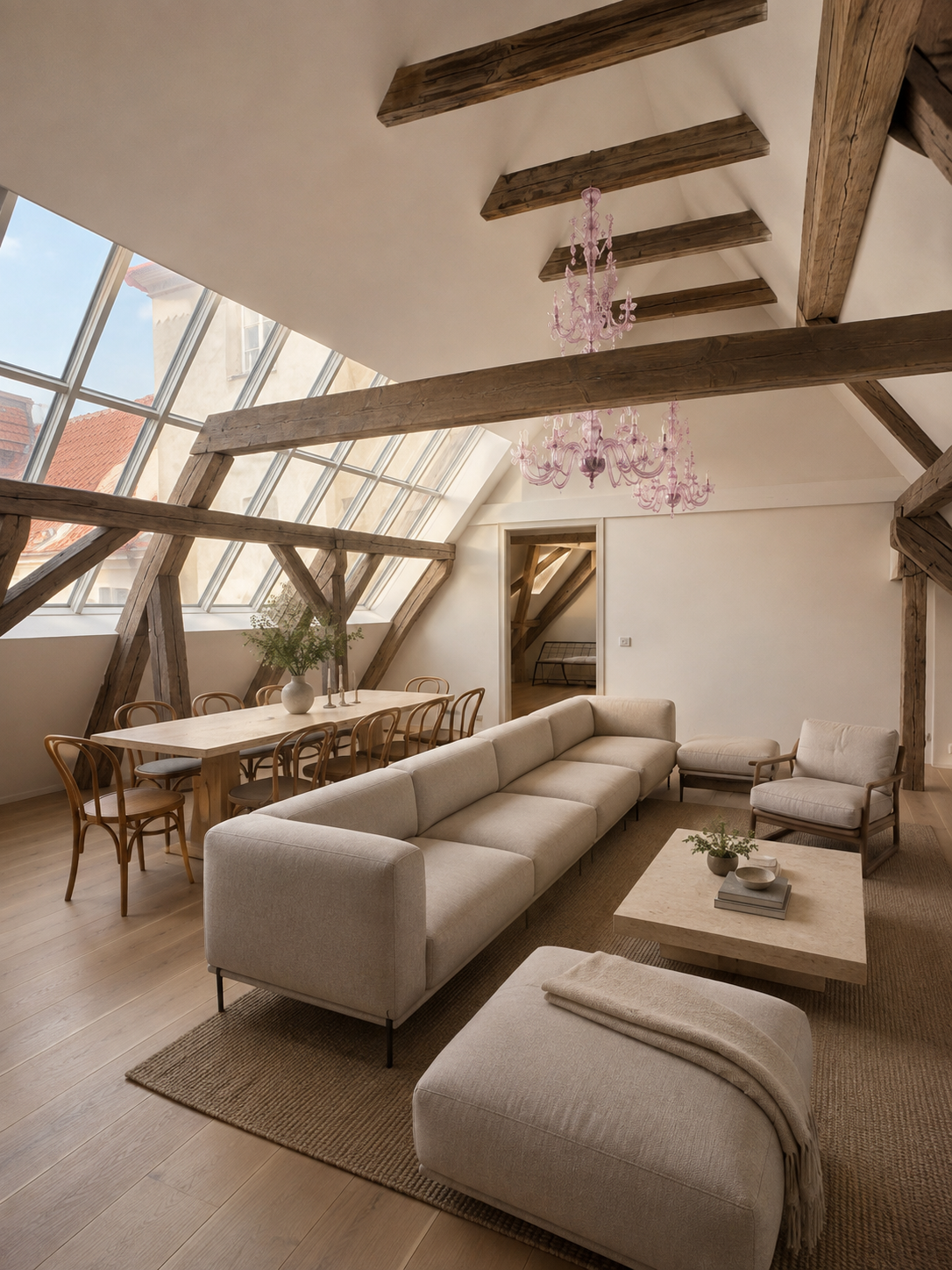 Interior visualization of Rabas's living and dining space beneath historic roof timbers