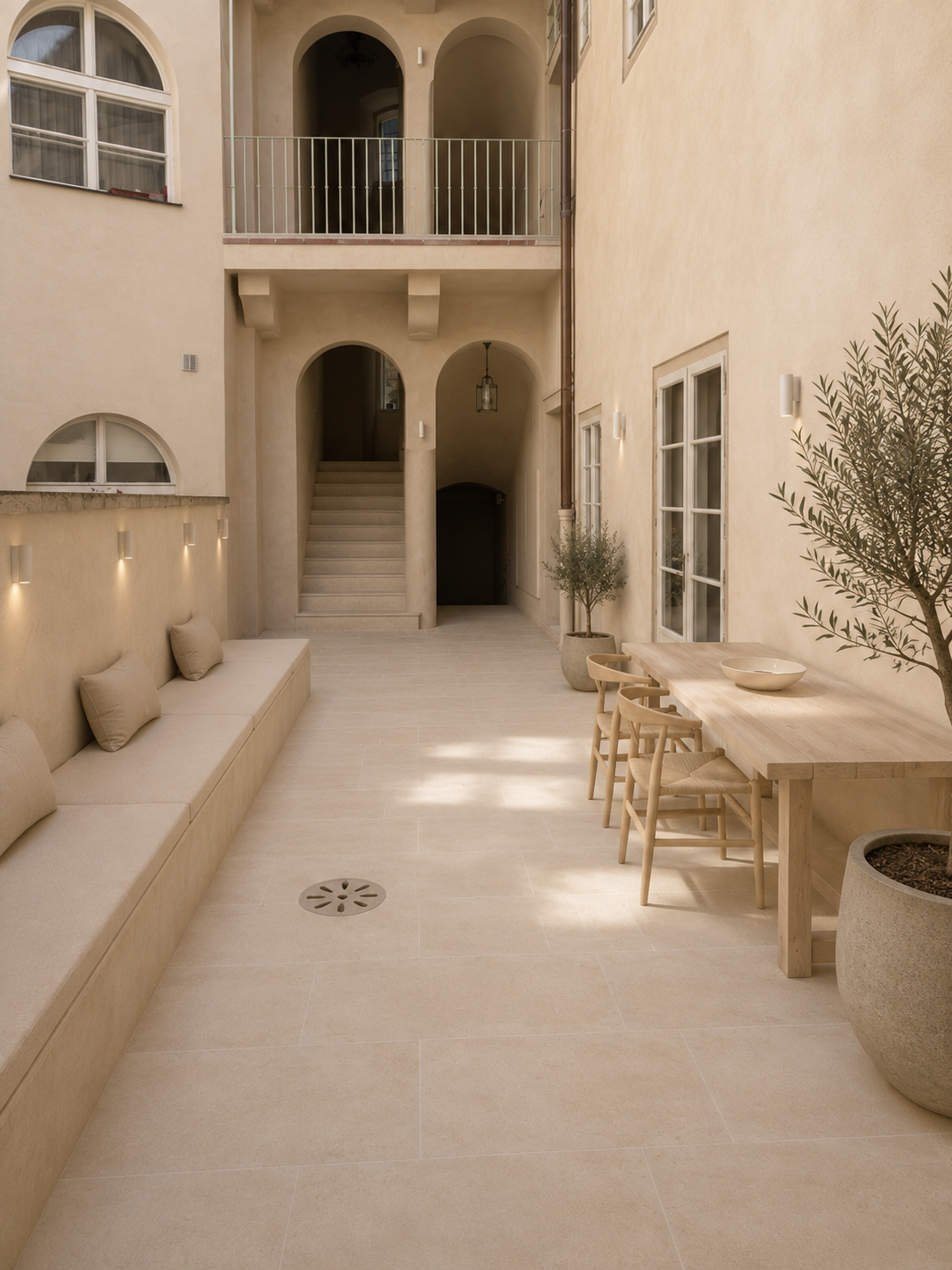 Visualization of the courtyard with its staircase and arches